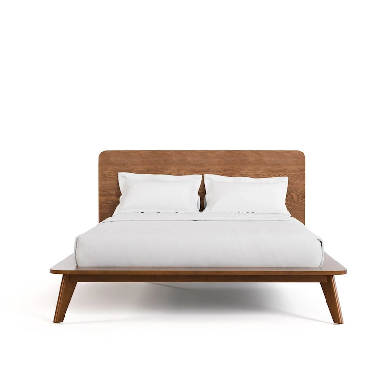 Mid-Century Walnut Wood Platform Bed Rounded Headboard Solid Wood Legs