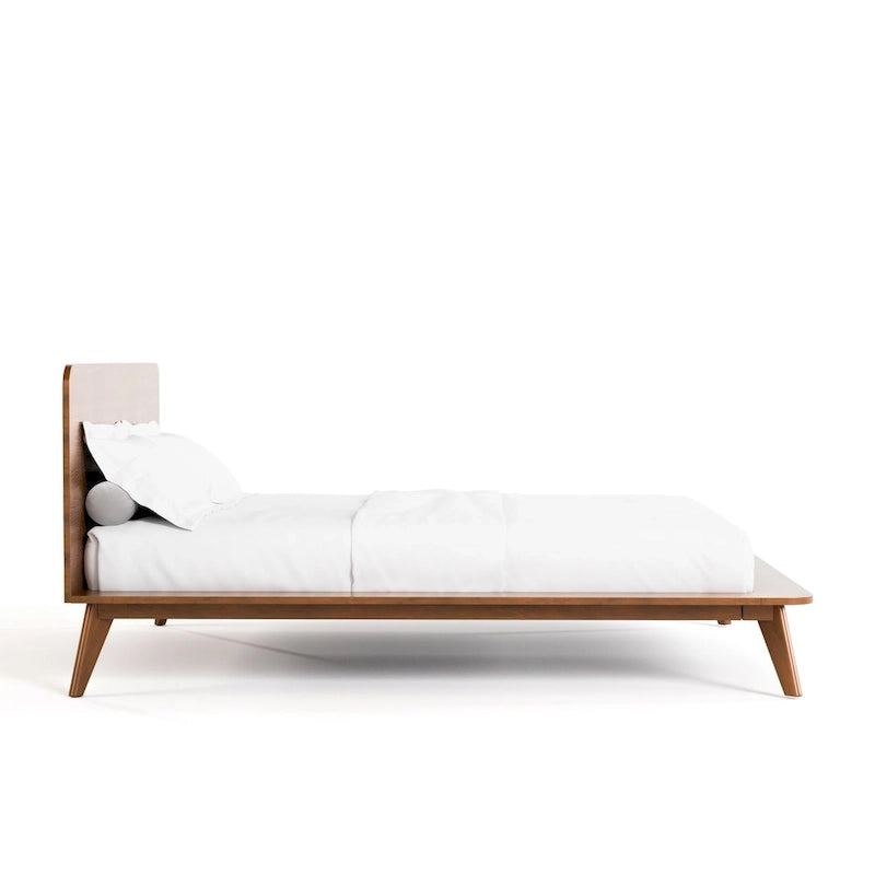 Mid-Century Walnut Wood Platform Bed Rounded Headboard Solid Wood Legs