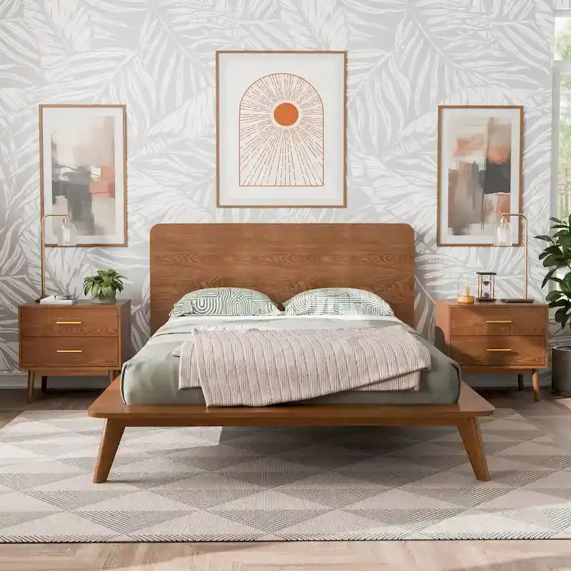 Mid-Century Walnut Wood Platform Bed Rounded Headboard Solid Wood Legs