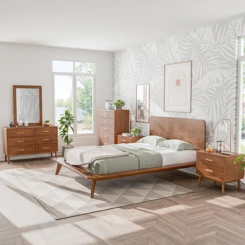 Mid-Century Walnut Wood Platform Bed Rounded Headboard Solid Wood Legs