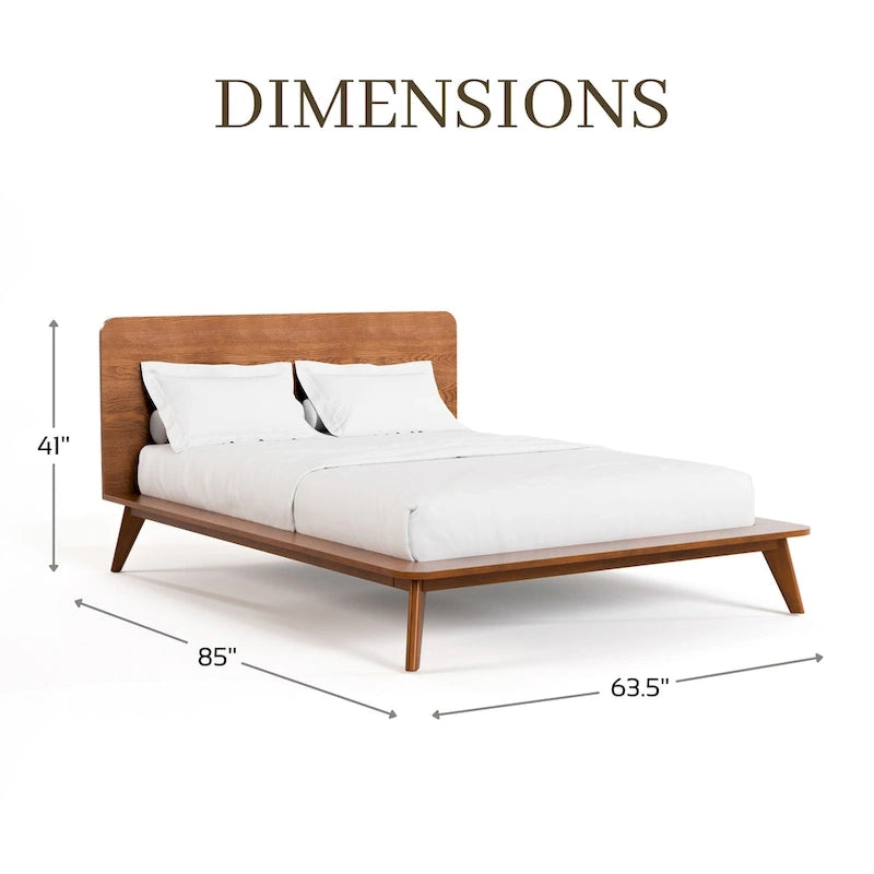 Mid-Century Walnut Wood Platform Bed Rounded Headboard Solid Wood Legs