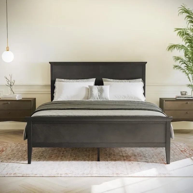 Solid Wood Slat Platform Bed Frame Adjustable Glides Dark Gray Light Brown