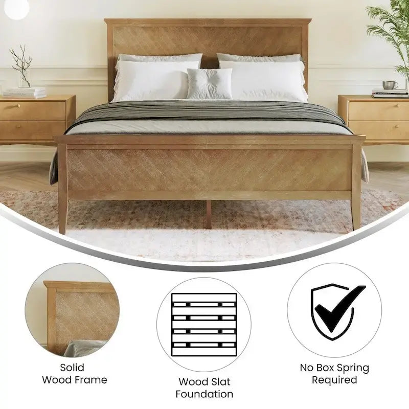 Solid Wood Slat Platform Bed Frame Adjustable Glides Dark Gray Light Brown
