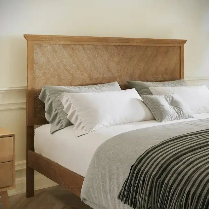 Solid Wood Slat Platform Bed Frame Adjustable Glides Dark Gray Light Brown