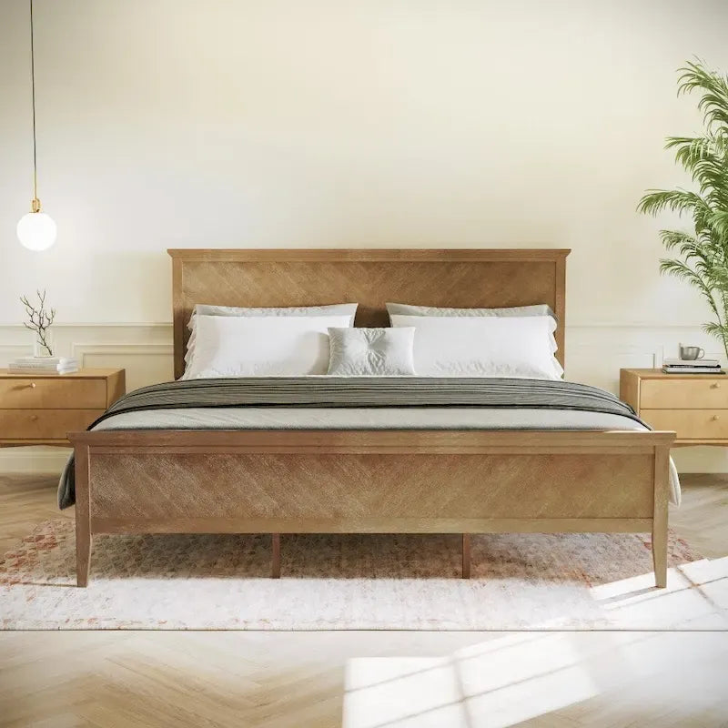 Solid Wood Slat Platform Bed Frame Adjustable Glides Dark Gray Light Brown