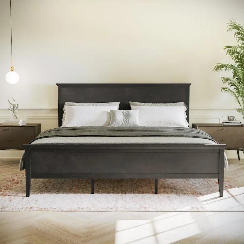 Solid Wood Slat Platform Bed Frame Adjustable Glides Dark Gray Light Brown
