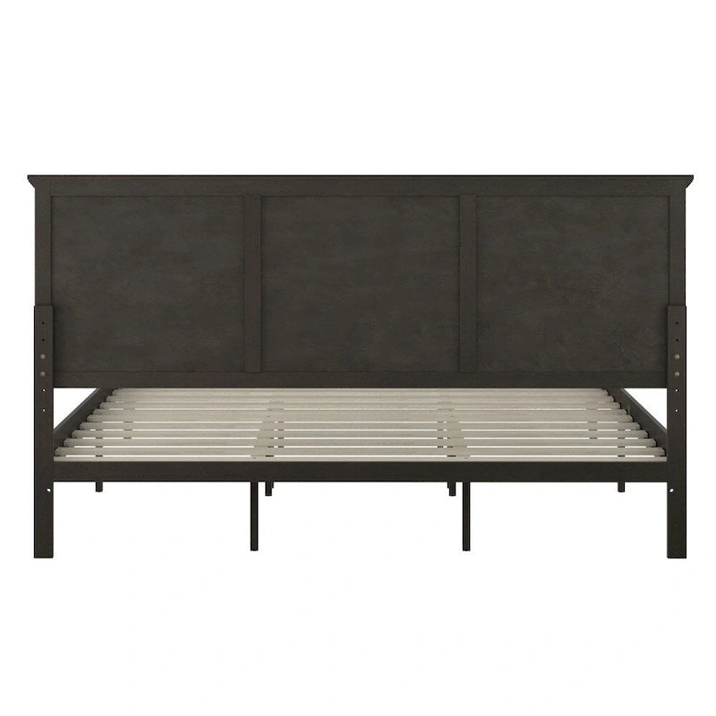 Solid Wood Slat Platform Bed Frame Adjustable Glides Dark Gray Light Brown