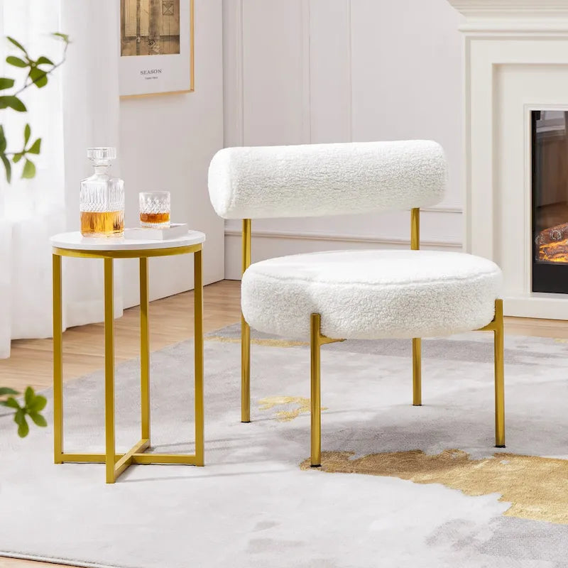 Round Boucle Accent Chair with Gold Metal Legs and Padded Cylindrical Backrest