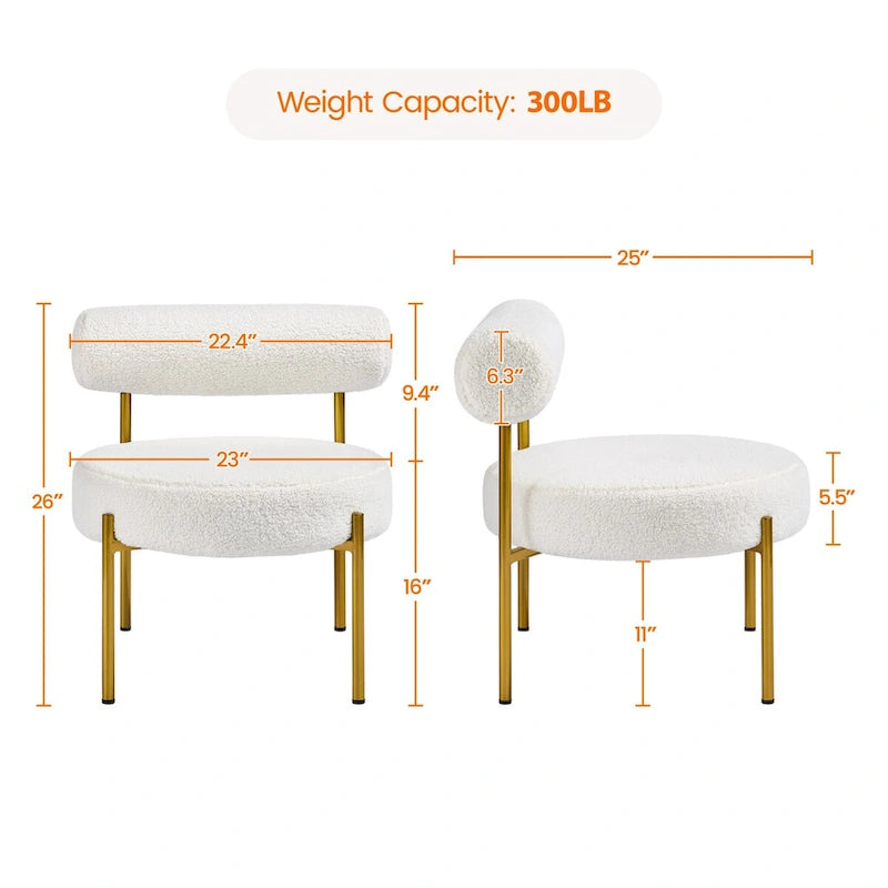 Round Boucle Accent Chair with Gold Metal Legs and Padded Cylindrical Backrest