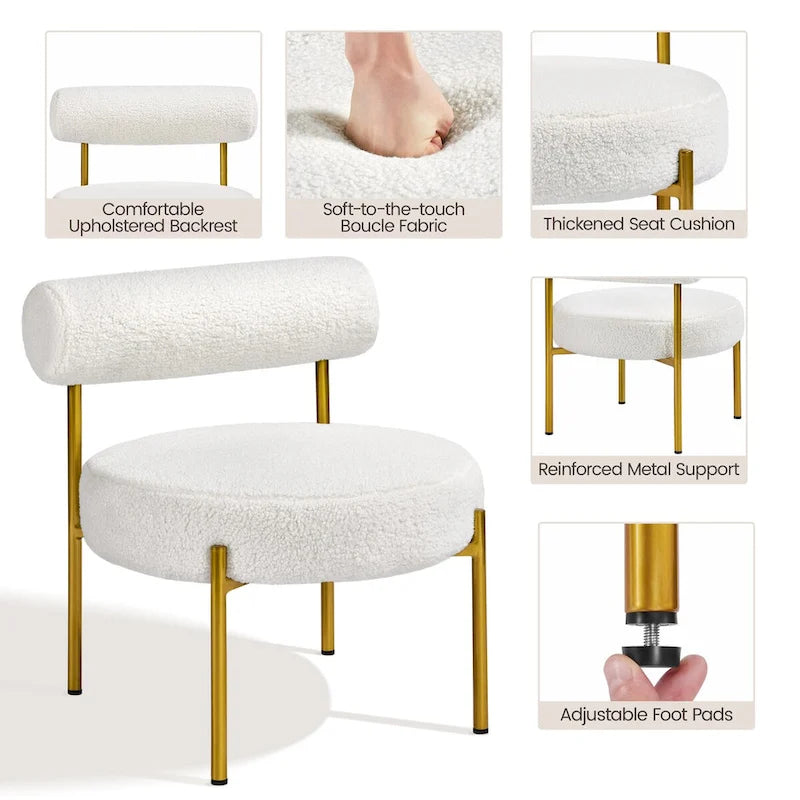 Round Boucle Accent Chair with Gold Metal Legs and Padded Cylindrical Backrest