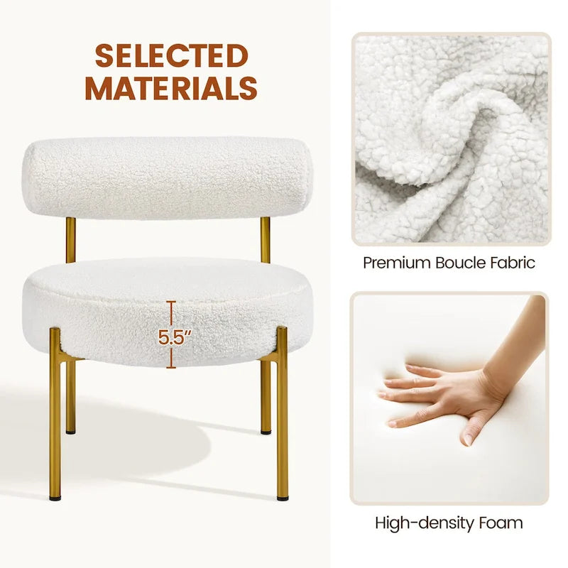 Round Boucle Accent Chair with Gold Metal Legs and Padded Cylindrical Backrest
