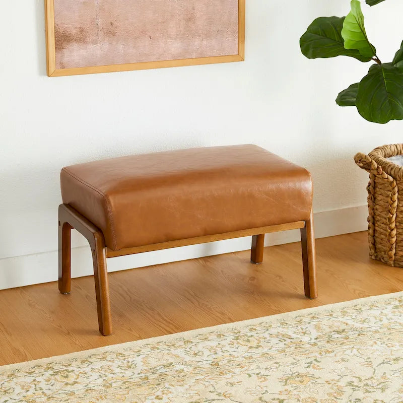 Tabouret d'appoint en similicuir de style Mid-Century avec pieds évasés en bois d'hévéa