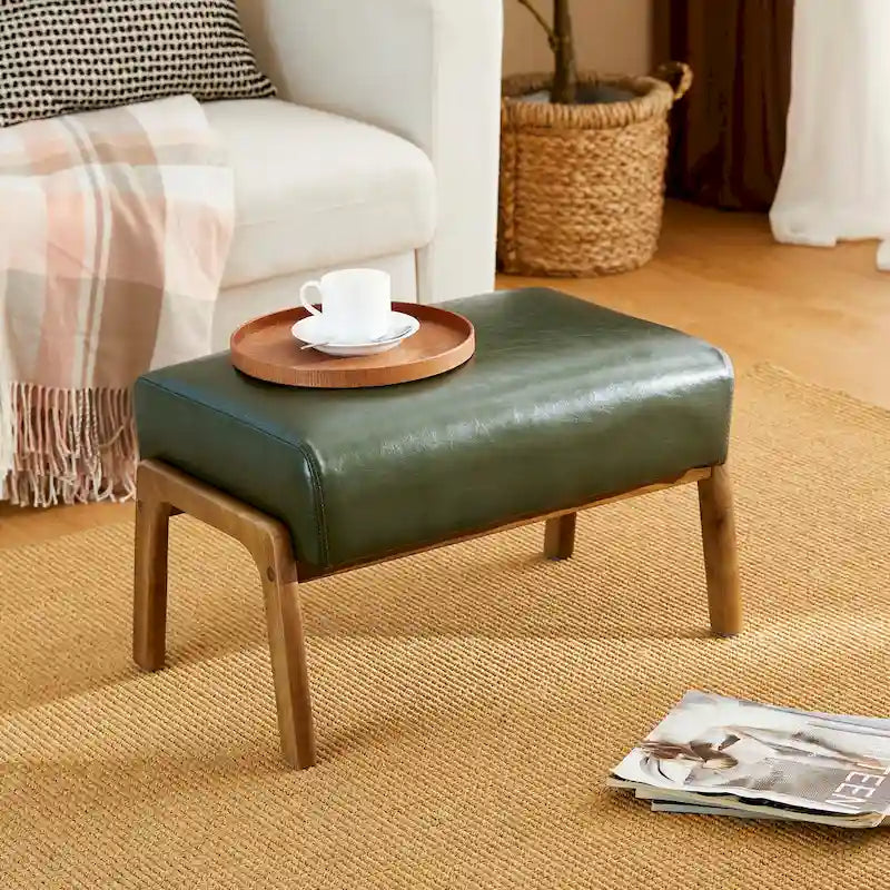 Mid-Century Faux Leather Accent Stool with Flared Rubberwood Legs