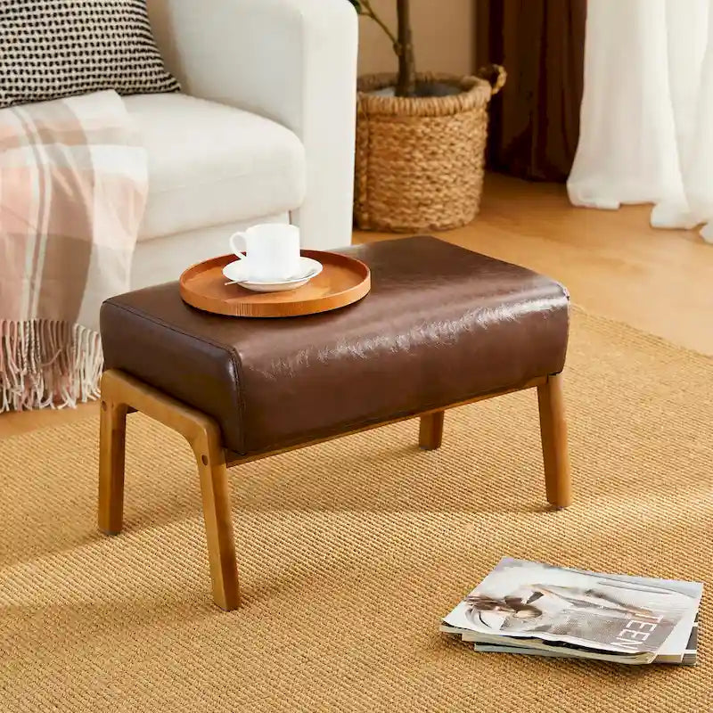 Mid-Century Faux Leather Accent Stool with Flared Rubberwood Legs
