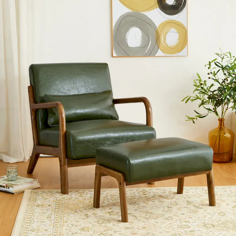 Mid-Century Faux Leather Accent Stool with Flared Rubberwood Legs