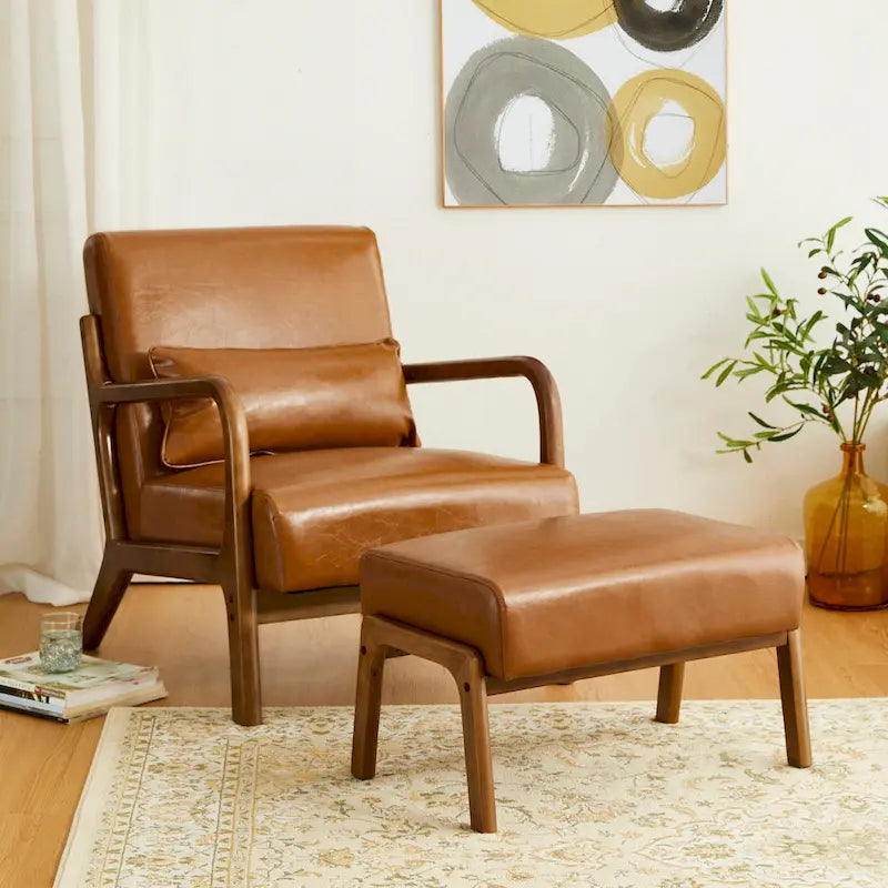 Mid-Century Faux Leather Accent Stool with Flared Rubberwood Legs