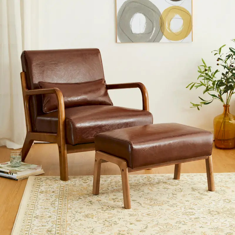 Mid-Century Faux Leather Accent Stool with Flared Rubberwood Legs