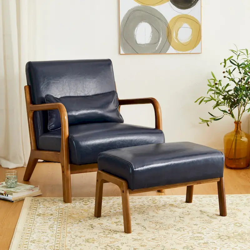 Mid-Century Faux Leather Accent Stool with Flared Rubberwood Legs