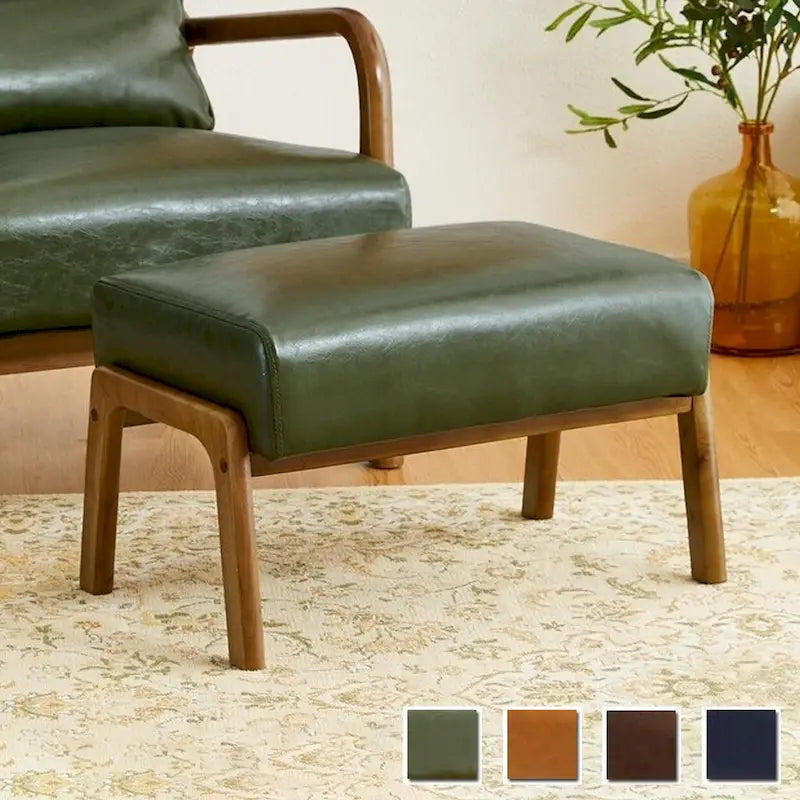 Mid-Century Faux Leather Accent Stool with Flared Rubberwood Legs