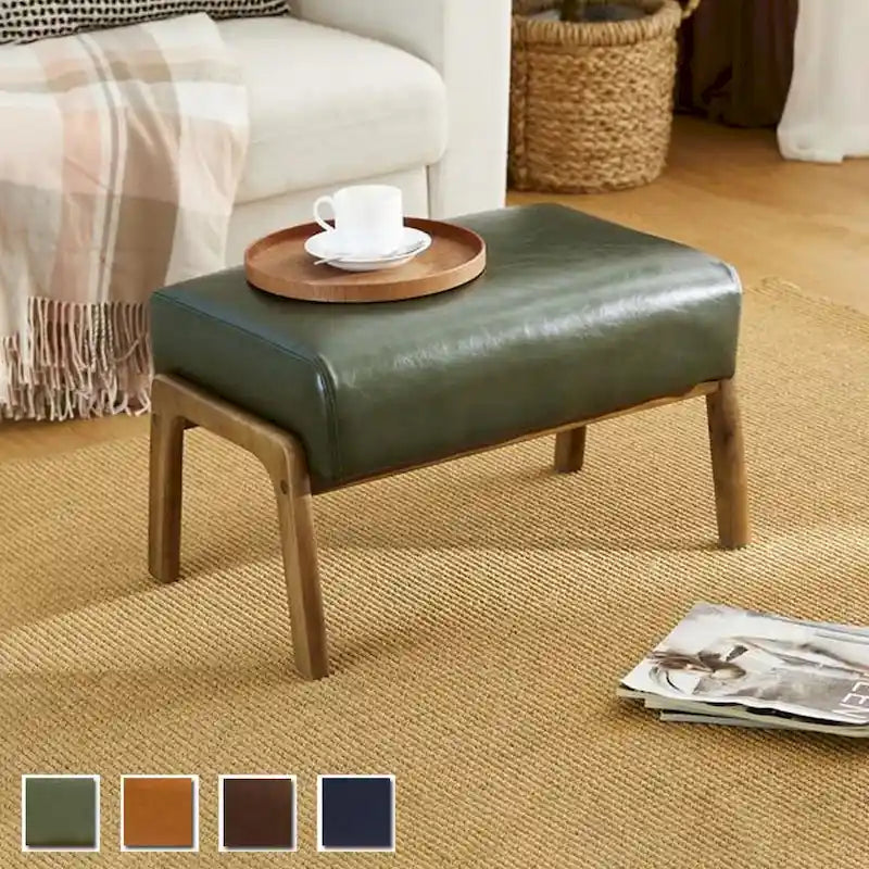 Mid-Century Faux Leather Accent Stool with Flared Rubberwood Legs
