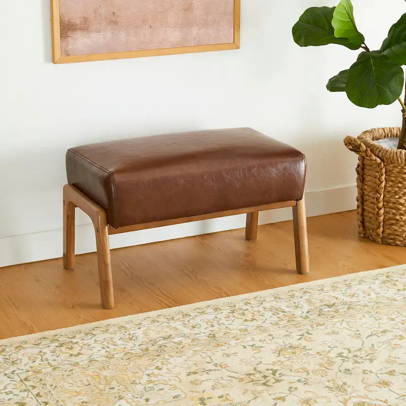 Mid-Century Faux Leather Accent Stool with Flared Rubberwood Legs