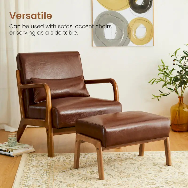 Mid-Century Faux Leather Accent Stool with Flared Rubberwood Legs
