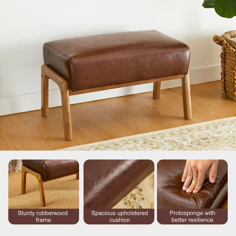 Mid-Century Faux Leather Accent Stool with Flared Rubberwood Legs