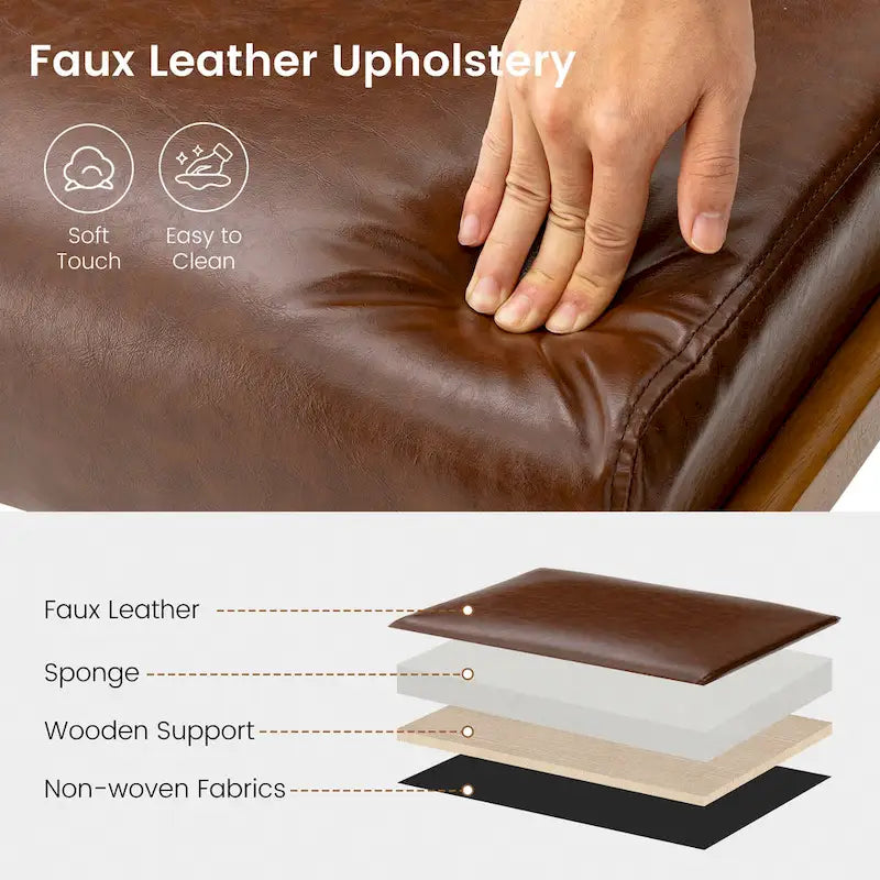 Mid-Century Faux Leather Accent Stool with Flared Rubberwood Legs