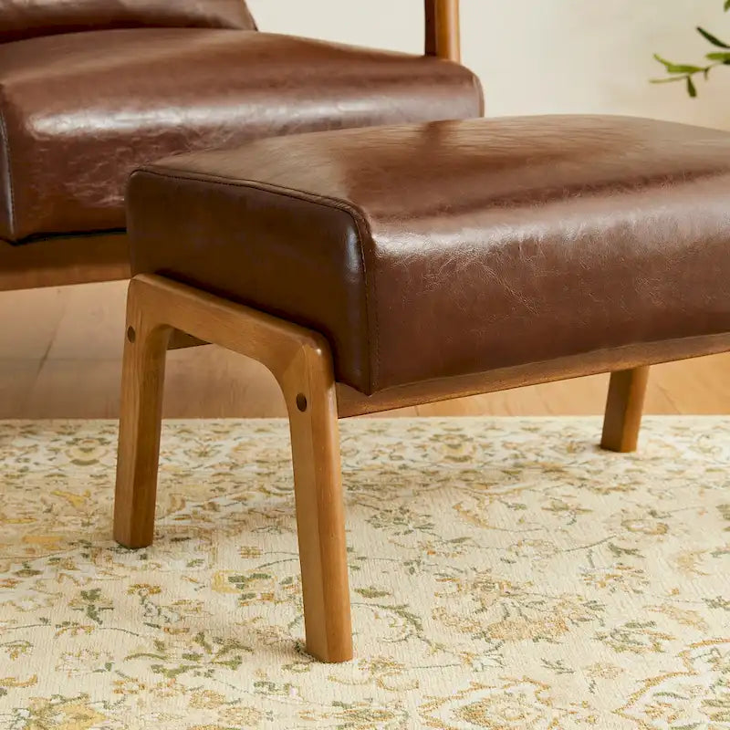 Mid-Century Faux Leather Accent Stool with Flared Rubberwood Legs