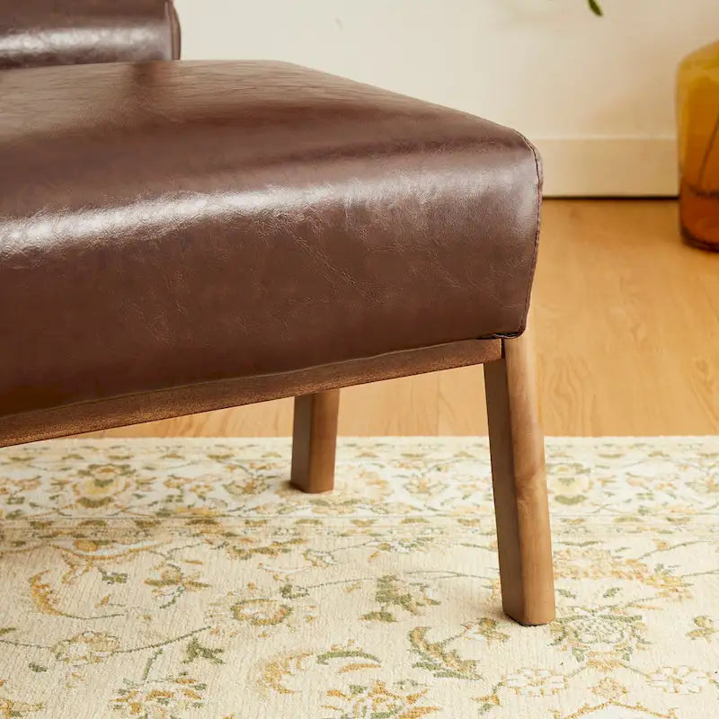 Mid-Century Faux Leather Accent Stool with Flared Rubberwood Legs