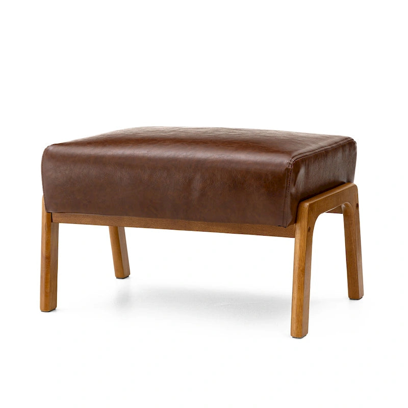Mid-Century Faux Leather Accent Stool with Flared Rubberwood Legs