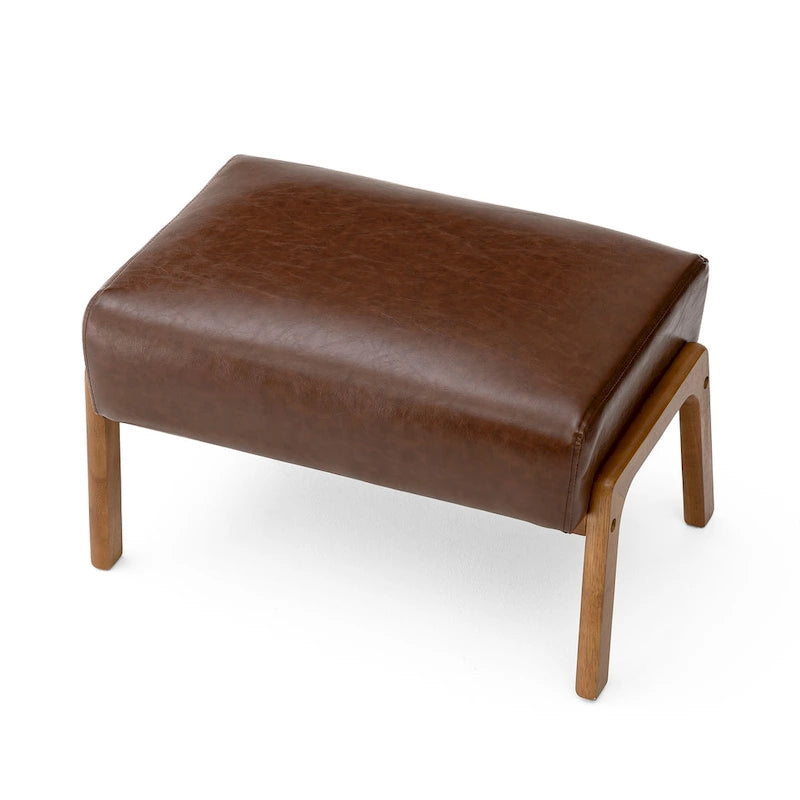 Mid-Century Faux Leather Accent Stool with Flared Rubberwood Legs