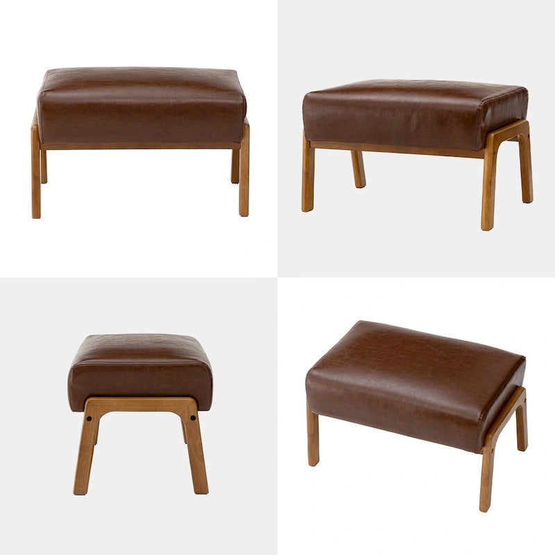 Mid-Century Faux Leather Accent Stool with Flared Rubberwood Legs