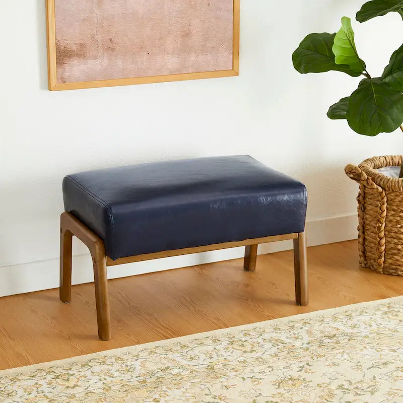 Mid-Century Faux Leather Accent Stool with Flared Rubberwood Legs