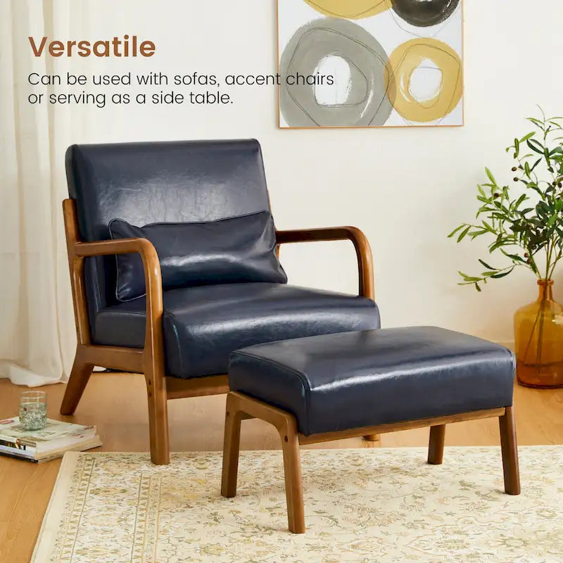 Mid-Century Faux Leather Accent Stool with Flared Rubberwood Legs