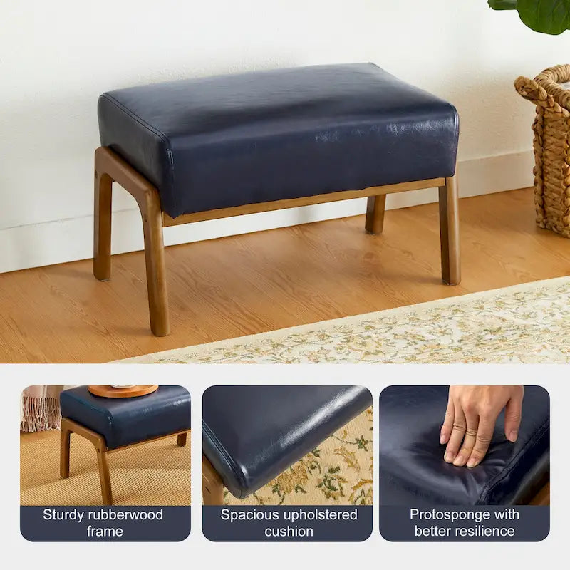 Mid-Century Faux Leather Accent Stool with Flared Rubberwood Legs