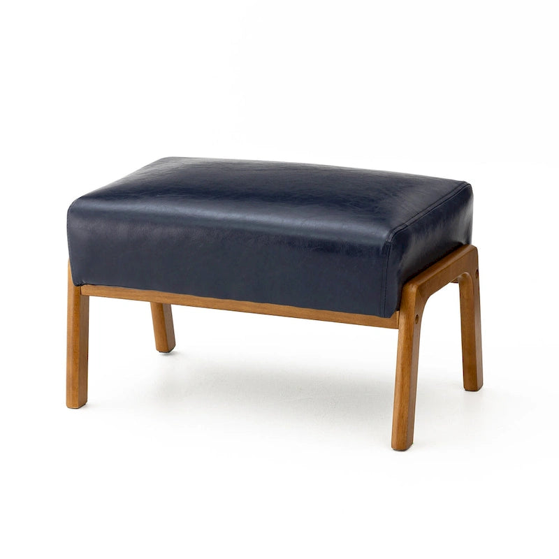 Mid-Century Faux Leather Accent Stool with Flared Rubberwood Legs