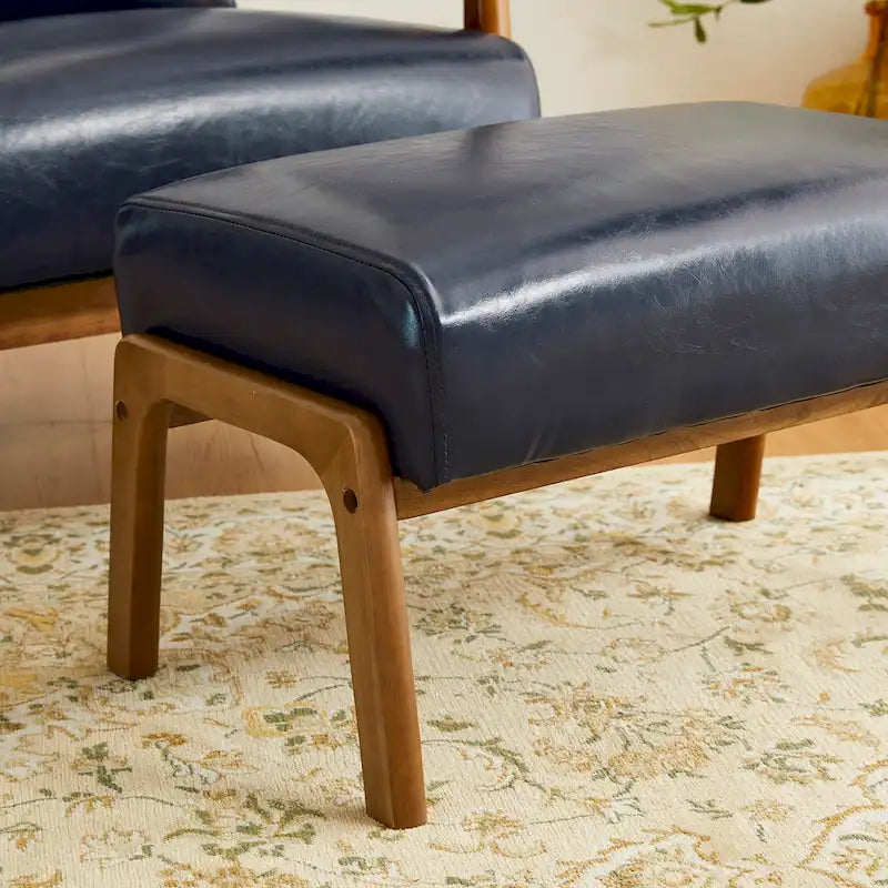 Mid-Century Faux Leather Accent Stool with Flared Rubberwood Legs