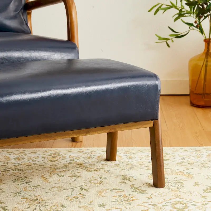 Mid-Century Faux Leather Accent Stool with Flared Rubberwood Legs