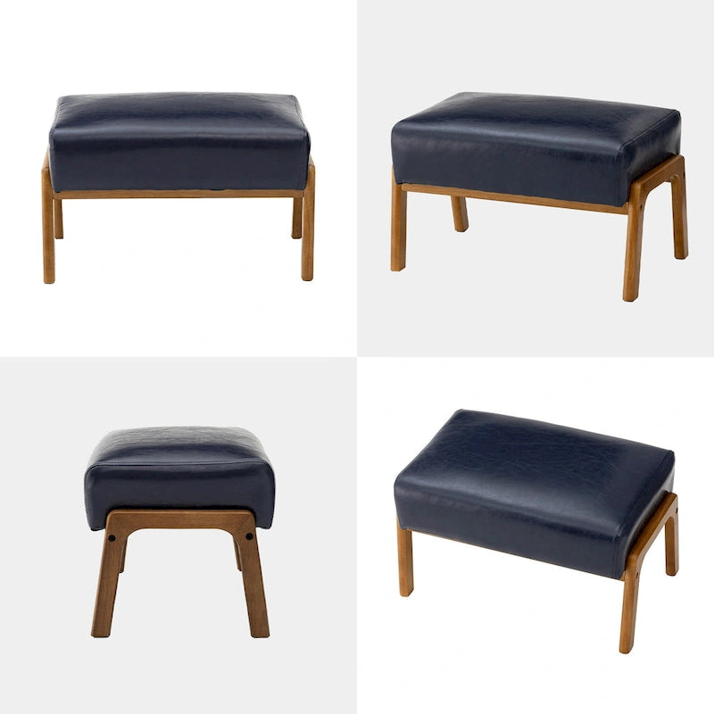 Mid-Century Faux Leather Accent Stool with Flared Rubberwood Legs