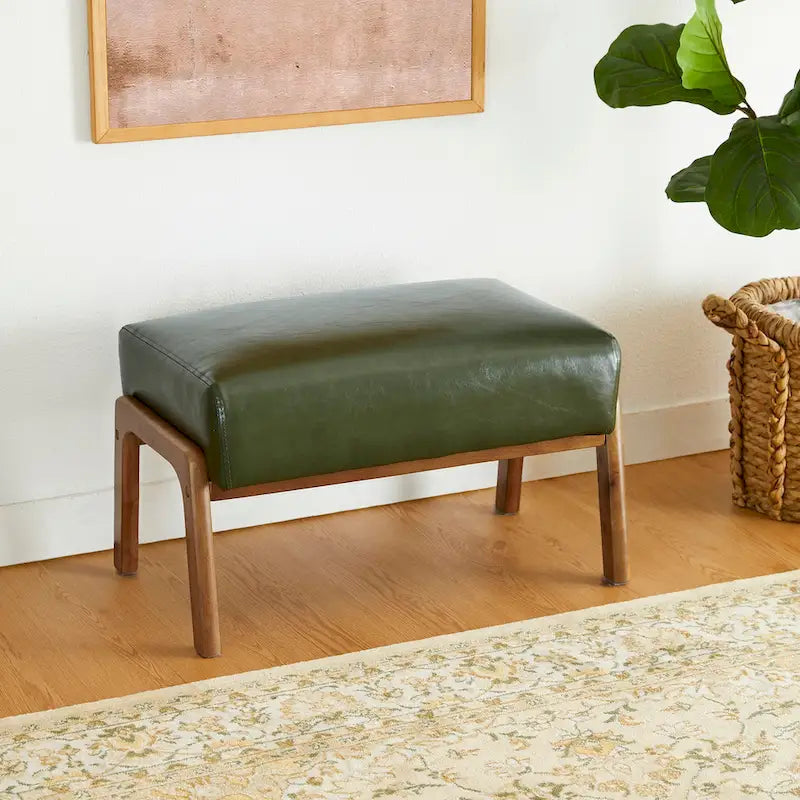 Mid-Century Faux Leather Accent Stool with Flared Rubberwood Legs