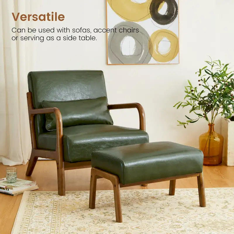 Mid-Century Faux Leather Accent Stool with Flared Rubberwood Legs