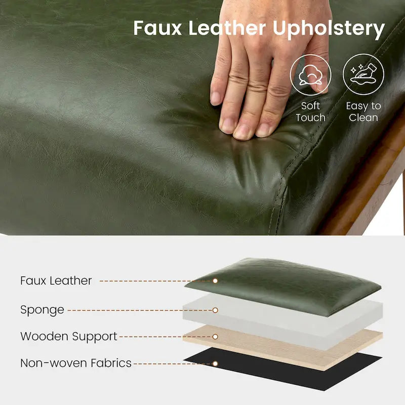 Mid-Century Faux Leather Accent Stool with Flared Rubberwood Legs