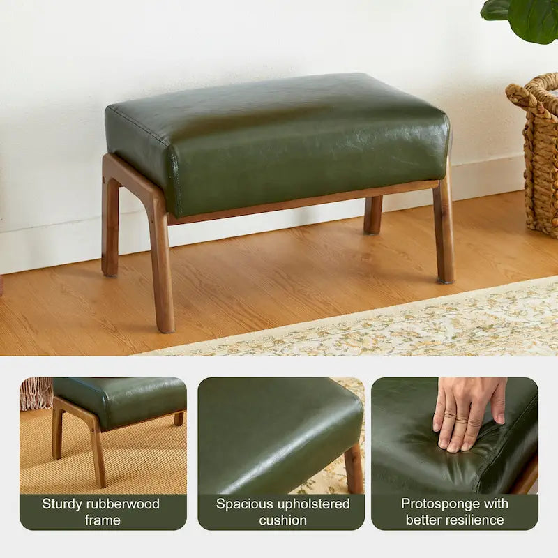 Mid-Century Faux Leather Accent Stool with Flared Rubberwood Legs