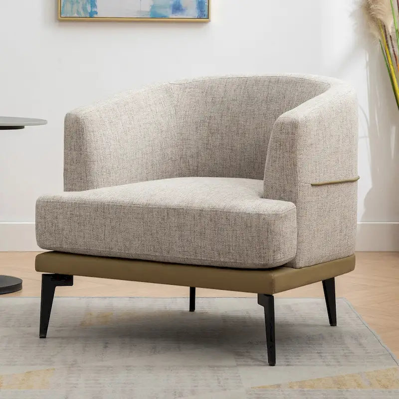Two-tone Linen PU Barrel Accent Chair Metal Legs Mustard Green Burnt Orange
