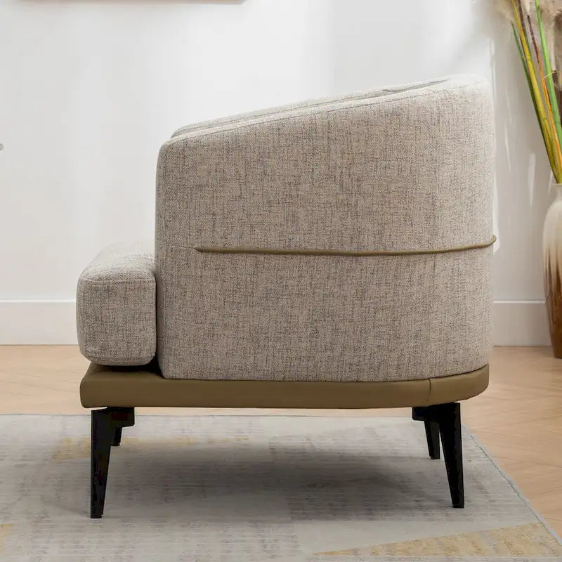 Two-tone Linen PU Barrel Accent Chair Metal Legs Mustard Green Burnt Orange