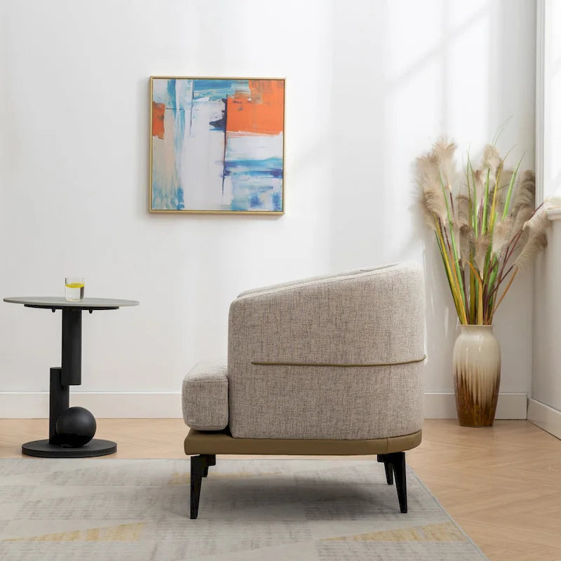 Two-tone Linen PU Barrel Accent Chair Metal Legs Mustard Green Burnt Orange