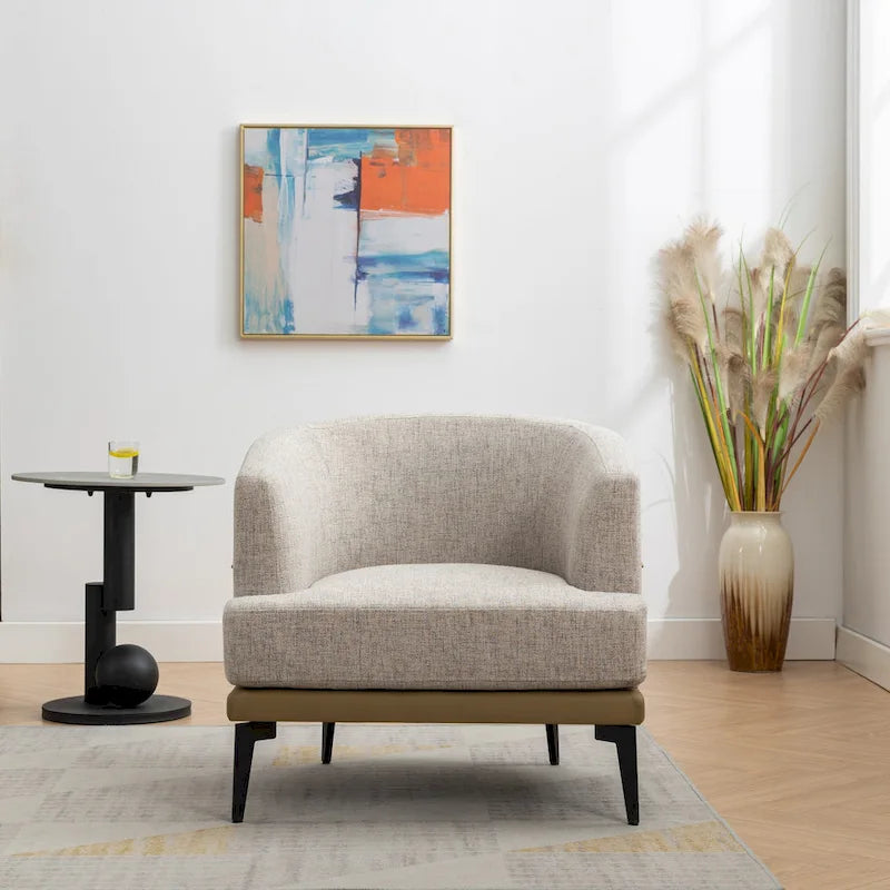 Two-tone Linen PU Barrel Accent Chair Metal Legs Mustard Green Burnt Orange