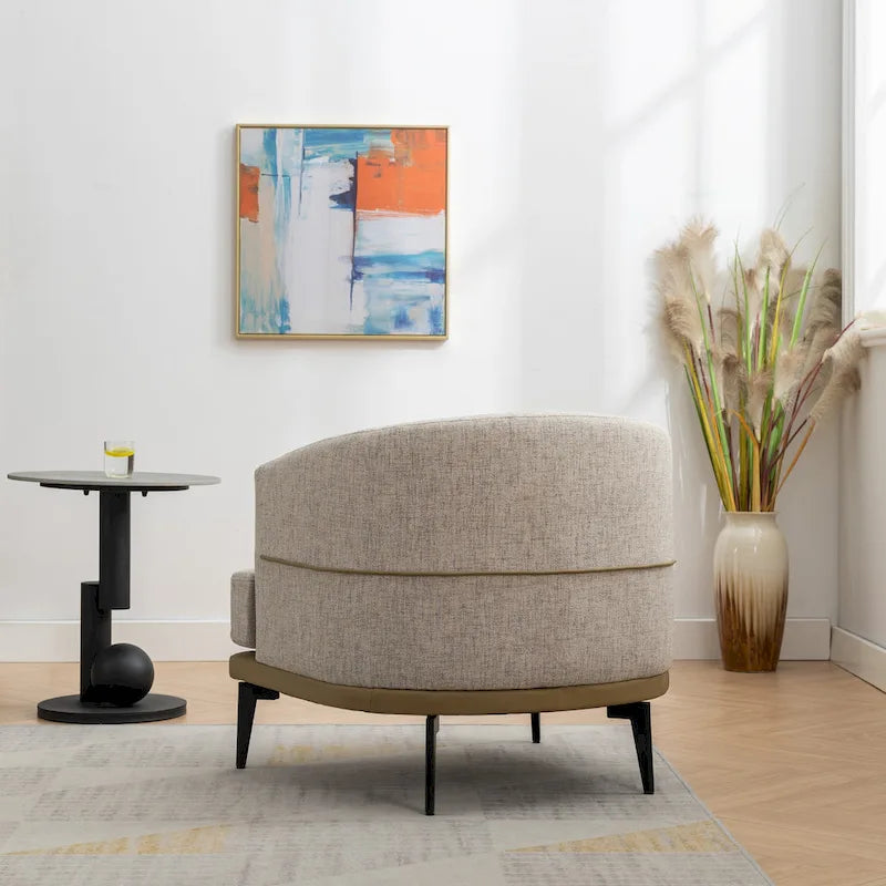 Two-tone Linen PU Barrel Accent Chair Metal Legs Mustard Green Burnt Orange