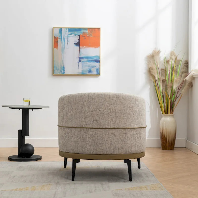 Two-tone Linen PU Barrel Accent Chair Metal Legs Mustard Green Burnt Orange